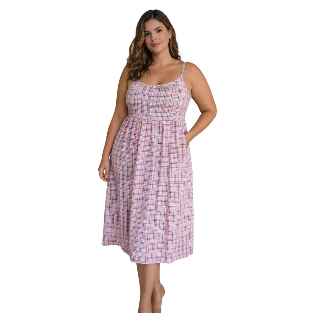 LOFT Whisper White Plaid Midi Dress Double Spaghetti Strap V-Neck Empire Waist - Picture 1 of 5